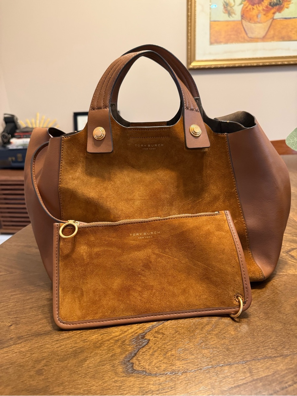 Tory Burch Brown Suede & Leather Shoulder Tote with Gold Hardware - Picture 5 of 5